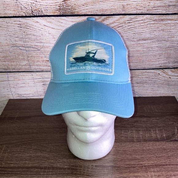 Unisex Magellan Outdoors Fishing Trucker Hat Adjustable Baby Blue & White - Picture 1 of 10